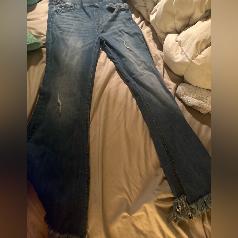 Tricot Brand High Waist Bell Bottom Denim Jeans Fringe Bottom Size L